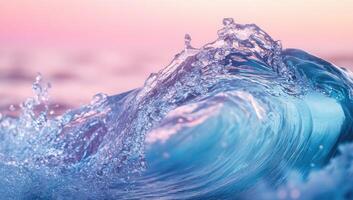 A vibrant wave, catching the soft light of a sunrise or sunset. Crystal-clear turquoise water surges forward, creating a breathtaking display of powerful, foamy motion photo