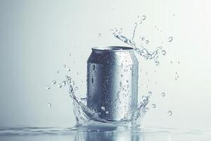 Sparkling aluminum can in water splash photo