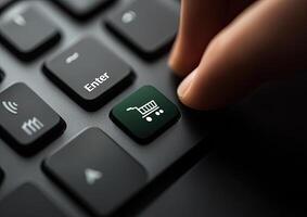 Finger pressing shopping cart key on keyboard photo