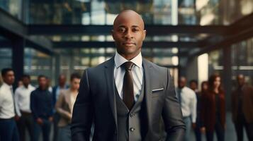 A man in a suit standing in front of a group of people photo
