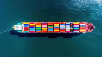 An aerial view of a container ship in the ocean photo