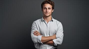 Portrait of a confident young man with arms crossed on gray background photo