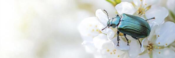A green beetle on a white flower photo