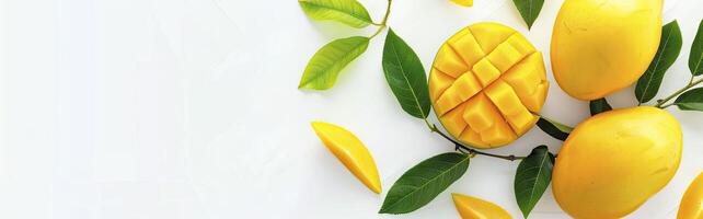 Mango slices are arranged on a white surface photo