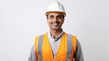 An indian man in an orange vest and hard hat photo