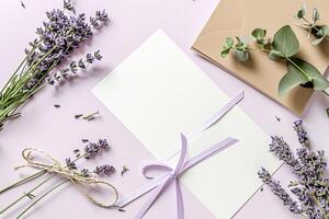 Elegant lavender-themed set with invitation, envelope tied with ribbon, and loose lavender sprigs. photo