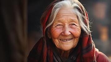 An elderly woman smiles while wearing a red scarf photo