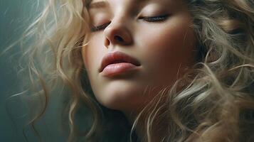 A beautiful blonde woman with her eyes closed photo