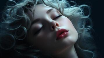 A beautiful woman with long hair and red lips photo