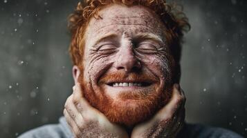 A man with red hair and freckles is smiling photo