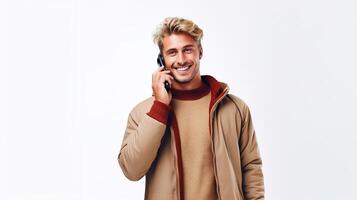 A man in a tan jacket talking on a cell phone photo