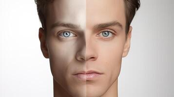 A man's face is shown with different skin tones photo