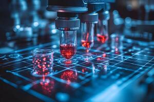High-Tech Laboratory Automation Precision Robotics and Red Liquid Analysis photo