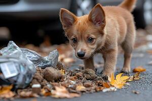Curious Puppy Exploring Autumn Street with Fallen Leaves and Debris photo