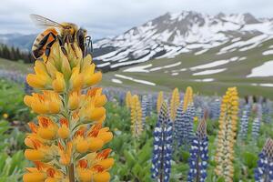 Bee on Blooming Wildflower in Alpine Meadow with Snow-Capped Mountains in Spring photo