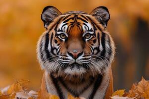 Majestic Tiger Amidst Autumn Leaves - Wildlife Photography for Decor and Inspiration photo