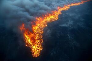 Dramatic Aerial View of Spreading Wildfire with Intense Flames and Thick Smoke photo