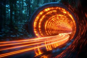 Futuristic Speed Tunnel in a Forest with Glowing Light Trails photo