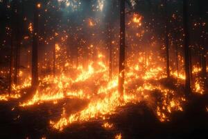 Intense Forest Fire Scene with Flames and Smoke for Environmental Awareness and Safety photo