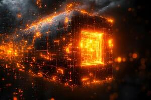 Futuristic Data Cube in a Digital Space with Glowing Orange Lights photo