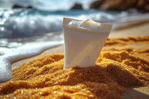Beach Scene with Sunscreen in Sand - Perfect for Summer Skincare Promotions and Travel Concepts photo
