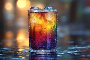 Refreshing Rainbow Cocktail Drink with Ice and Glowing Bokeh Background photo