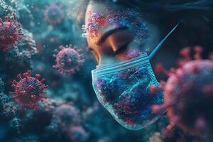 Pandemic Surrealism Woman with Virus Particles and Face Mask in Dreamlike Environment photo