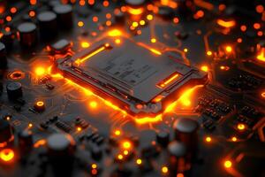Glowing Circuit Board with Illuminated Microchip for Technology Design photo