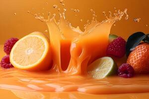 Refreshing Citrus and Berry Juice Splash for Beverage Advertising Design photo