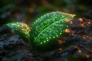 Futuristic Green Technology - Circuitry Embedded Leaf Concept for Eco Innovation photo
