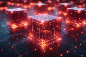 Futuristic Digital Blockchain Concept with Glowing Red Cubes for Technology Design photo