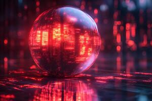 Futuristic Digital Sphere in Neon Red Light on Reflective Surface for High-Tech Design photo