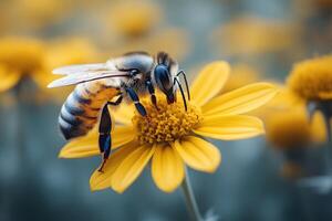Macro View of Honeybee Pollination on Vibrant Yellow Flower in Natural Setting photo