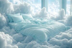 Dreamlike Bedroom Scene with Fluffy Clouds and Soft Blue Bedding photo
