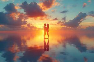 Romantic Couple Embracing at Sunset on Reflective Ocean Surface photo