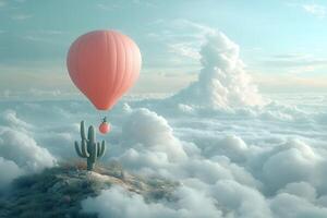 Surreal Hot Air Balloon Journey Over Clouds and Cactus in Dreamlike Landscape photo