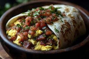 Delicious Breakfast Burrito with Scrambled Eggs, Bacon, and Fresh Salsa in a Rustic Bowl photo