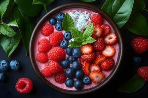 Fresh Berry Smoothie Bowl with Mint and Coconut Toppings for a Healthy Breakfast photo