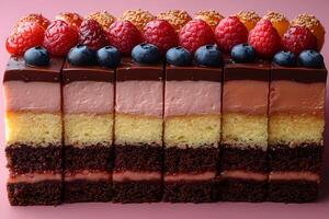 Gourmet Layered Chocolate Cake with Berries on Pink Background for Culinary Designs photo