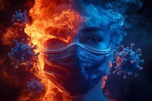 Duality of Fire and Ice with Face Mask and Virus Elements in Surreal Conceptual Art photo