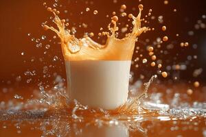 Dynamic Milk Splash Explosion in Glass on Brown Reflective Surface for Creative Culinary Design photo