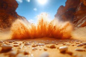 Dynamic Sand Explosion in Bright Desert Landscape for Nature Photography Design photo