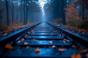 Moody Autumn Railway Scene with Falling Leaves and Misty Atmosphere photo