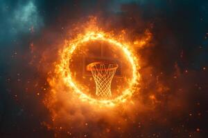 Fiery Basketball Hoop in Dramatic Atmosphere for Sports Design and Poster Creativity photo