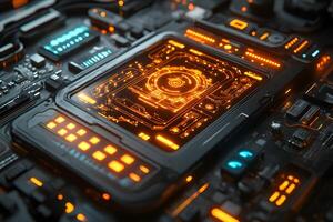 Futuristic Circuit Board with Glowing Orange and Blue Neon Lights - Technology and Innovation Concept photo