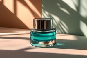Luxurious Blue Perfume Bottle Against Modern Minimalist Background for Stylish Design photo