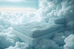 Dreamlike Floating Bed in Cloudscape - Surreal Fantasy Concept for Wall Art or Print Design photo