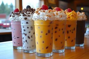 Assorted Flavored Milkshakes with Whipped Cream Toppings in a Cozy Cafe Setting photo