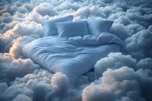 Tranquil Bed in Dreamlike Cloudscape - Surreal Conceptual Image for Imagination Design photo