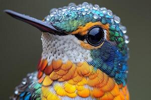 Vibrant Hummingbird with Dew-Drops Nature's Colorful Masterpiece for Wildlife Photography Enthusiasts photo